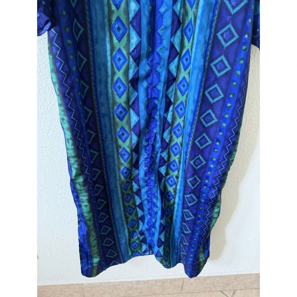 Sante Classics Women M Blue Green Geometric Print Button Front Long Dress Zipper